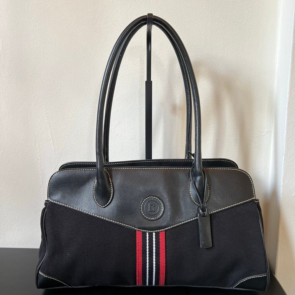 CHAPS Black East West Canvas Long Shoulder Strap Handbag Red White Stripe